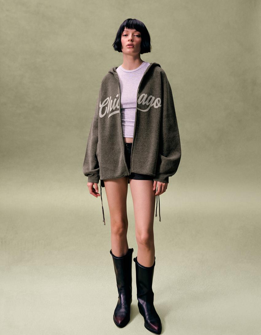 Pull zippé en chenille à capuche imprimé-Gris