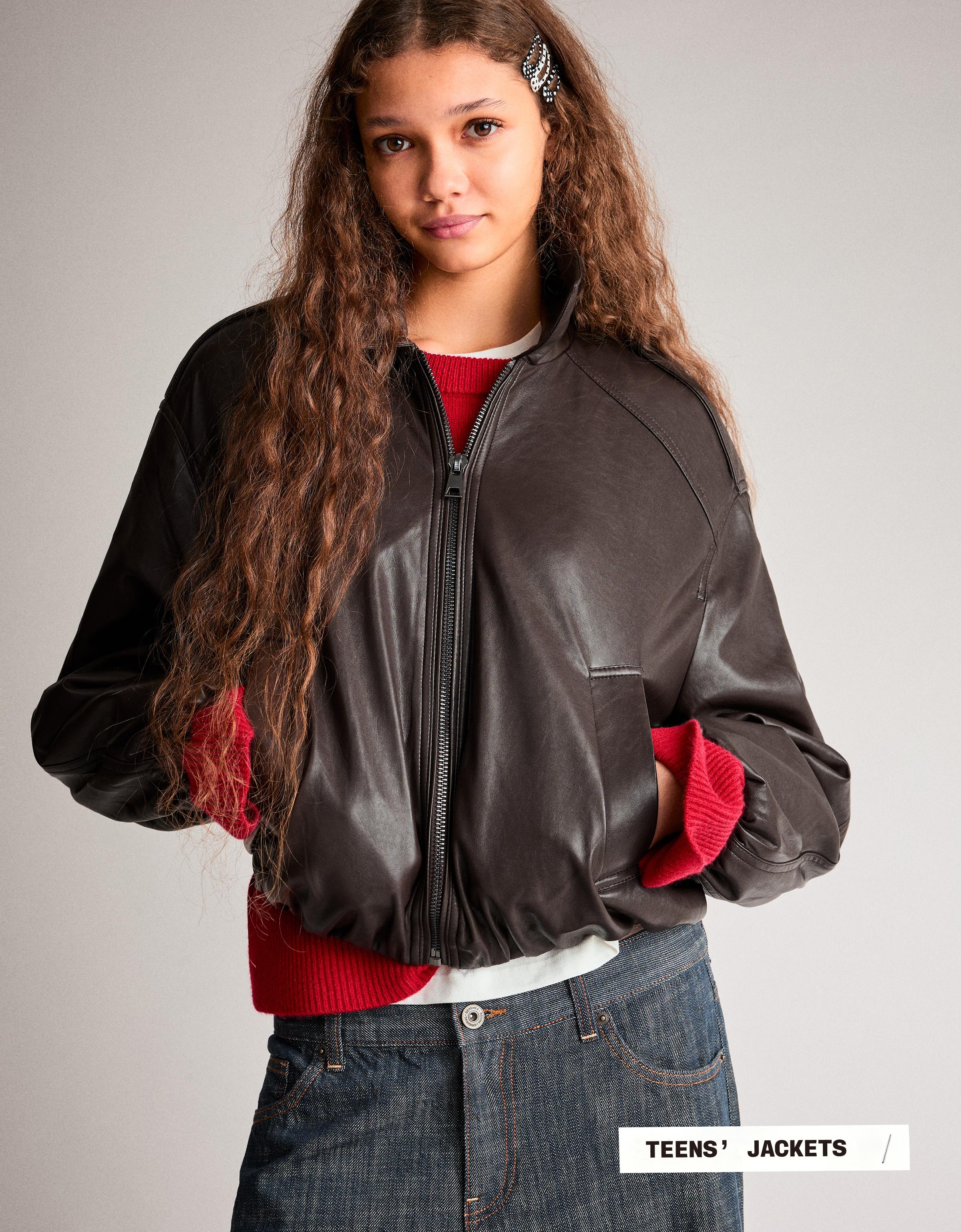 Leather effect puffer jacket — Brown
