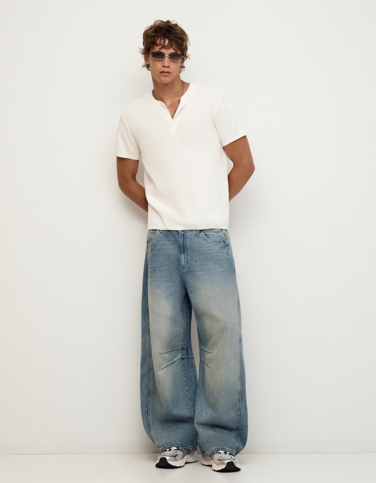Bershka Jeans Barrel Hombre Azul Lavado