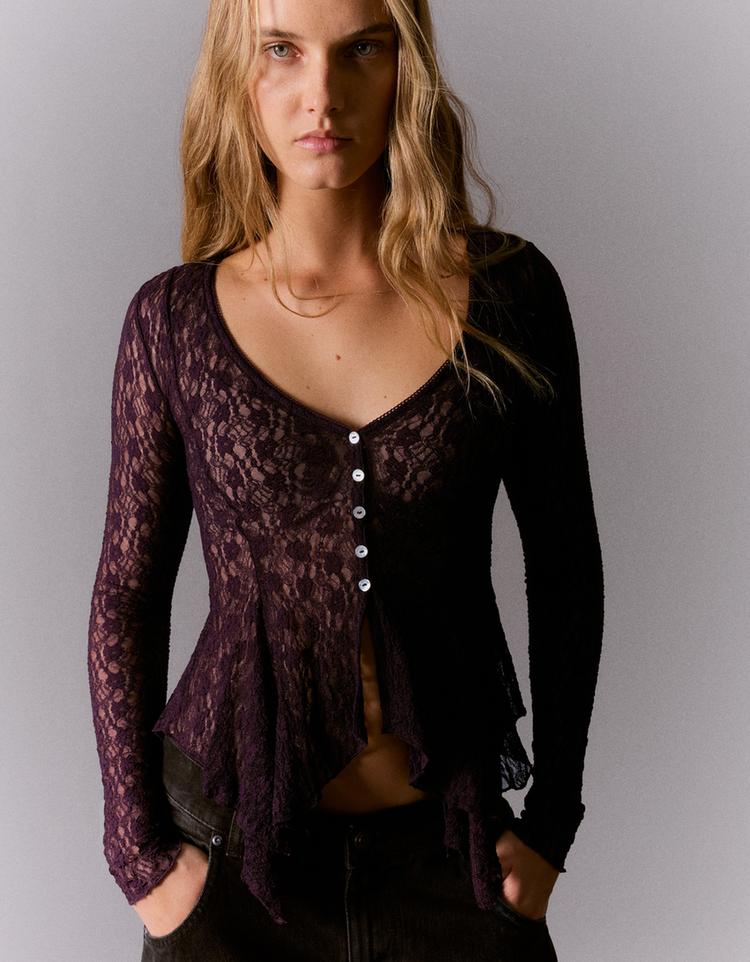 Lace button-front cardigan — Burgundy