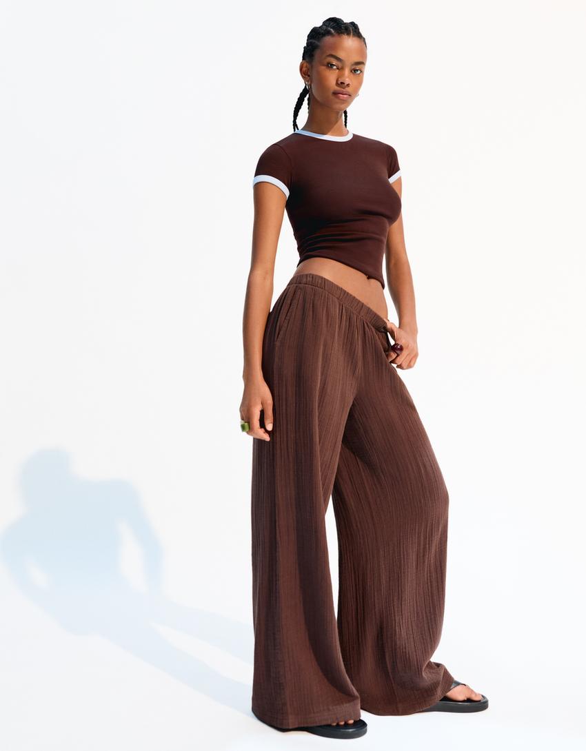 Wide-leg rustic trousers-Brown-2