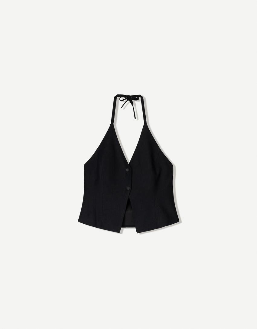 Ensemble gilet sans manches et pantalon taille élastique-Noir-4