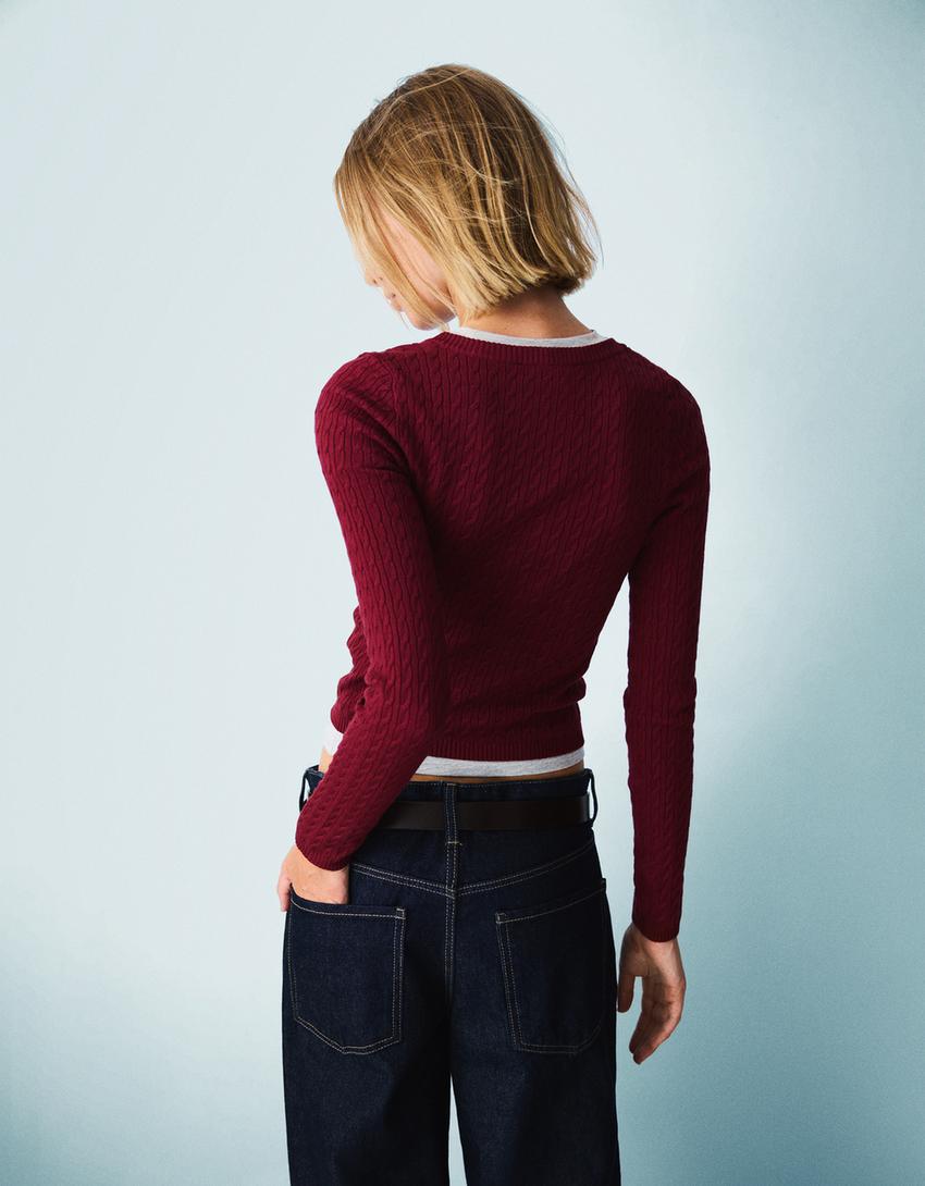 Pull tressé brodé-Grenat