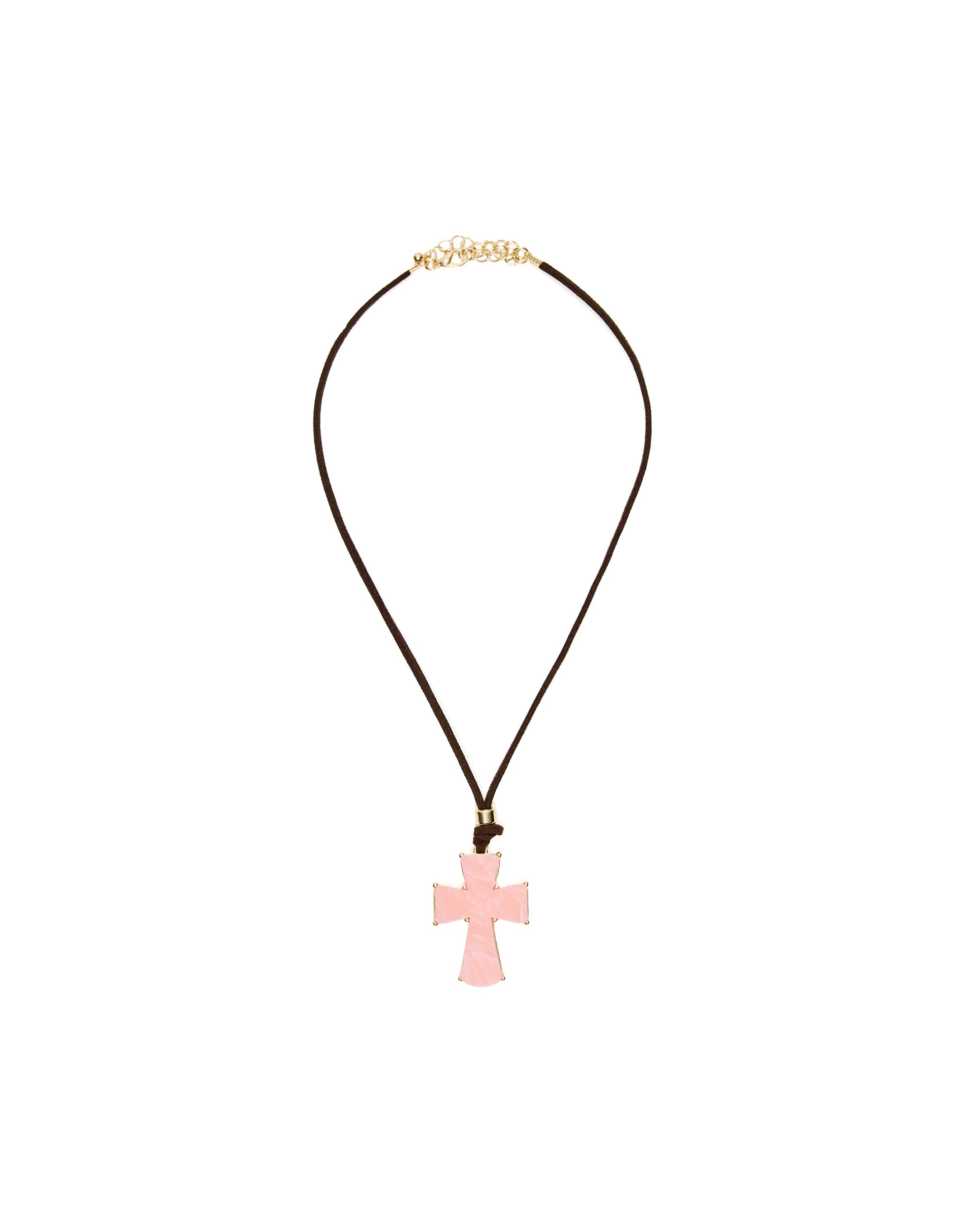Cord necklace with stone cross — Pink
