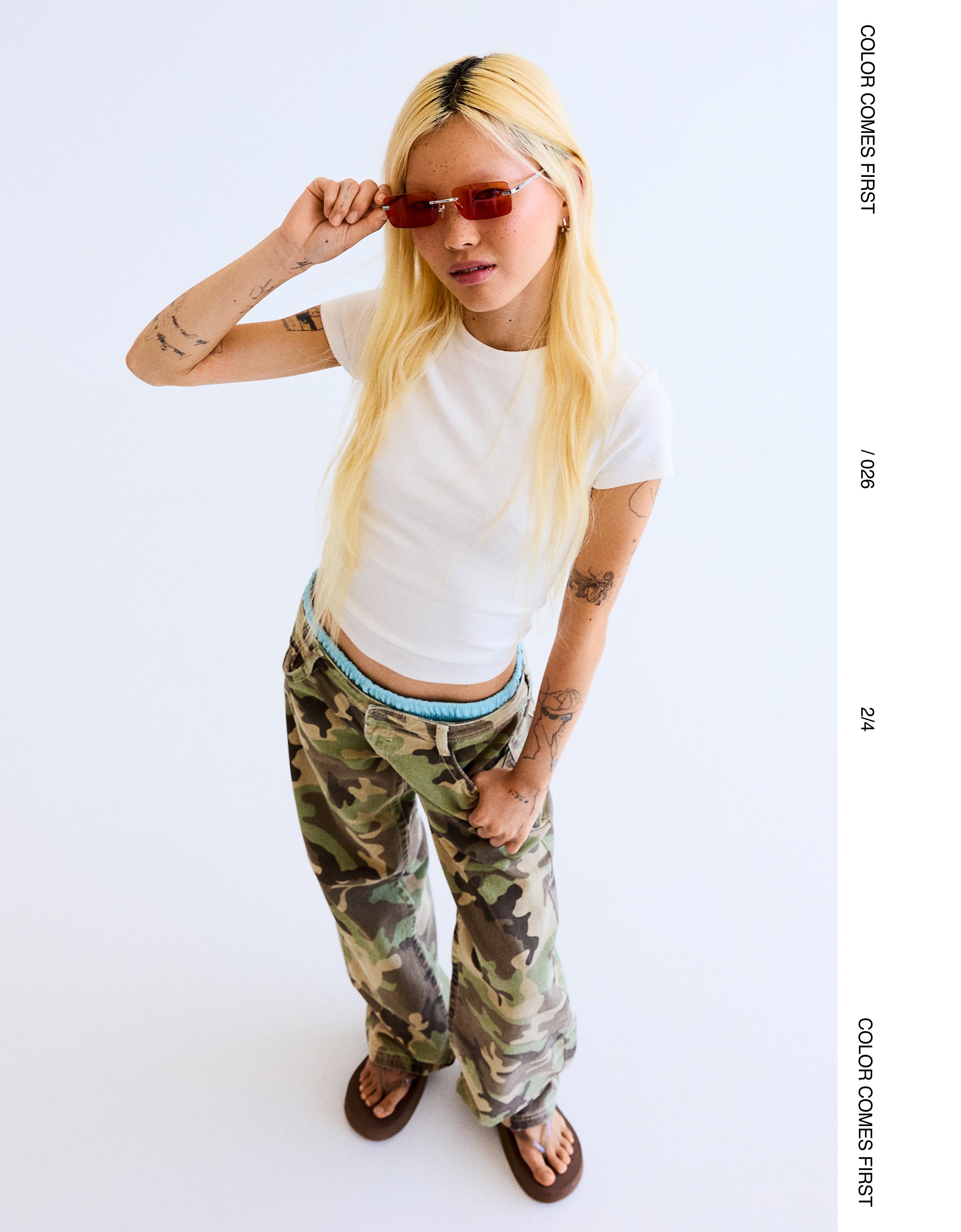 Printed straight-leg trousers — Khaki