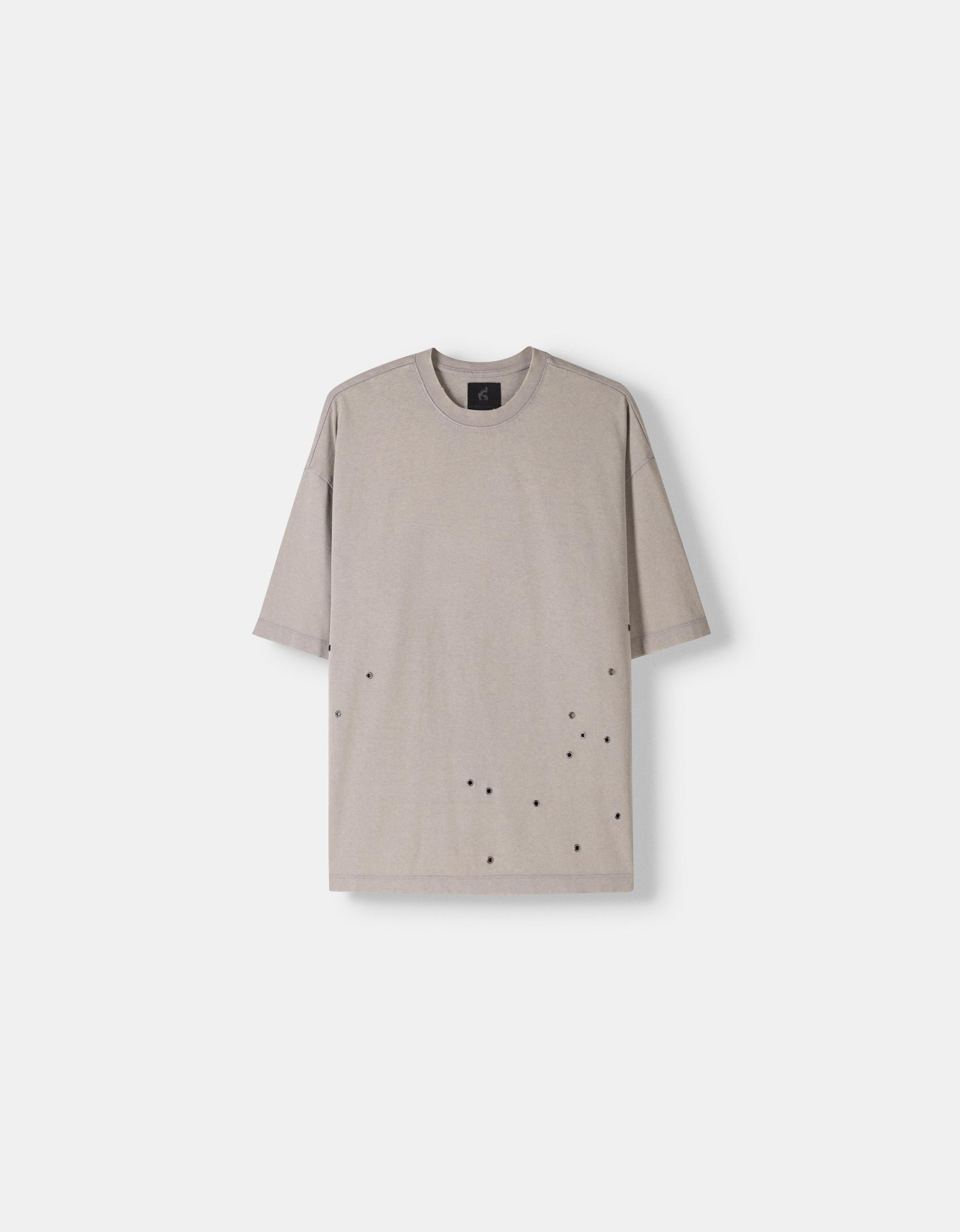 Bershka T-Shirt Mit Kurzen Ärmeln Und Eyelets-Ösen Herren L Grau