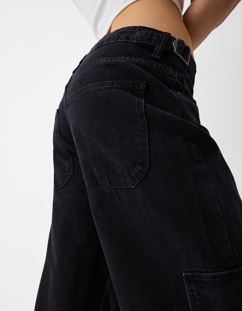بنطال جينز كارغو متعدد الجيوب-أسود-3