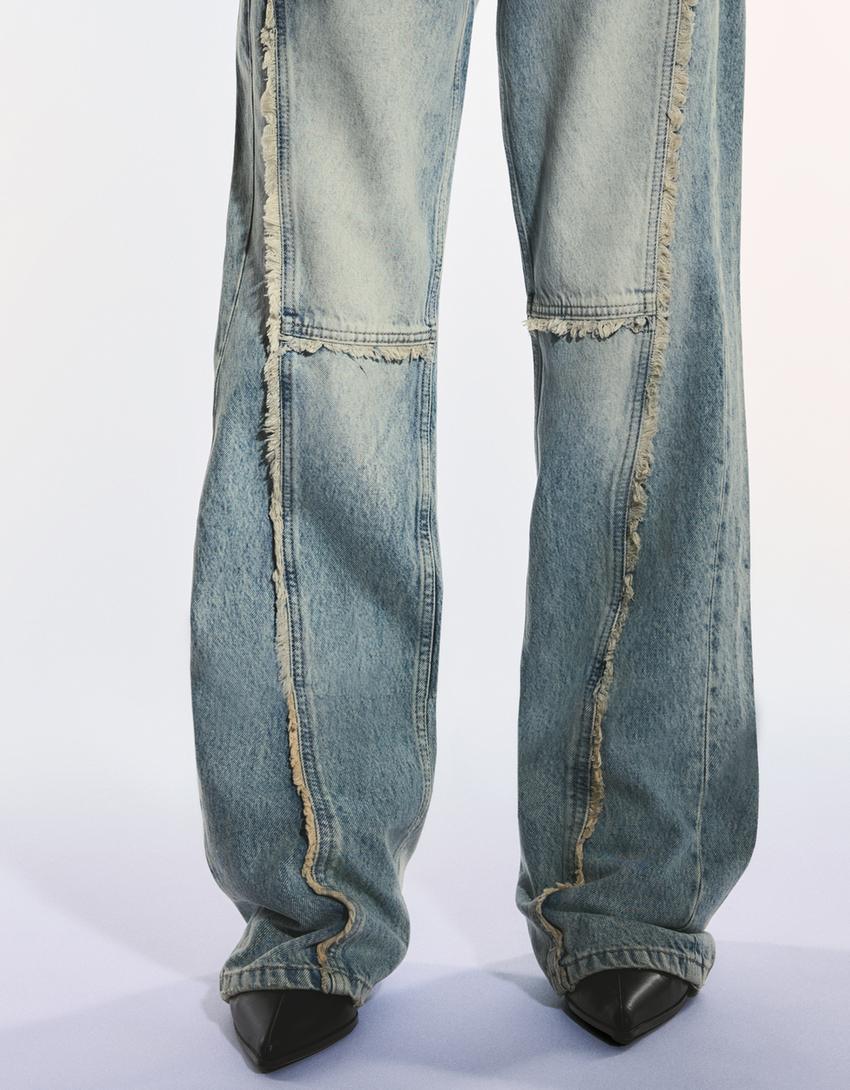 Low-rise baggy jeans with fringing-Light blue