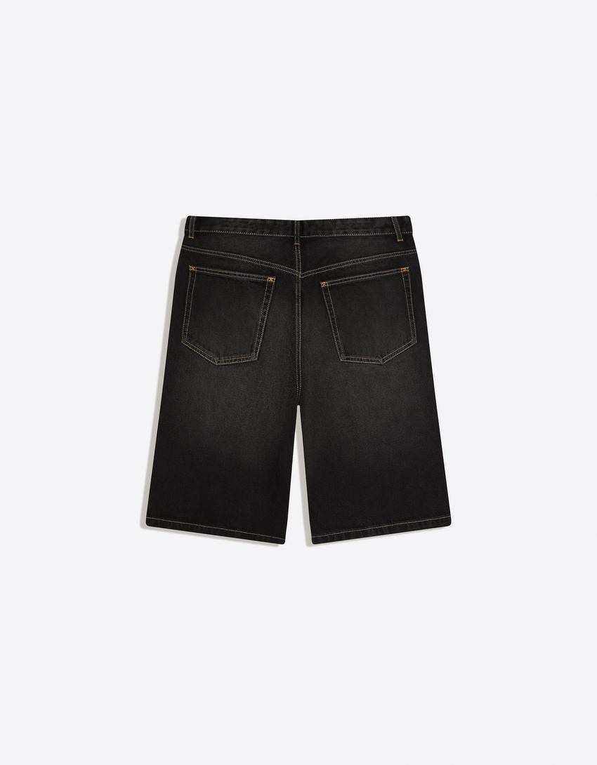 Baggy denim Bermuda shorts-Black