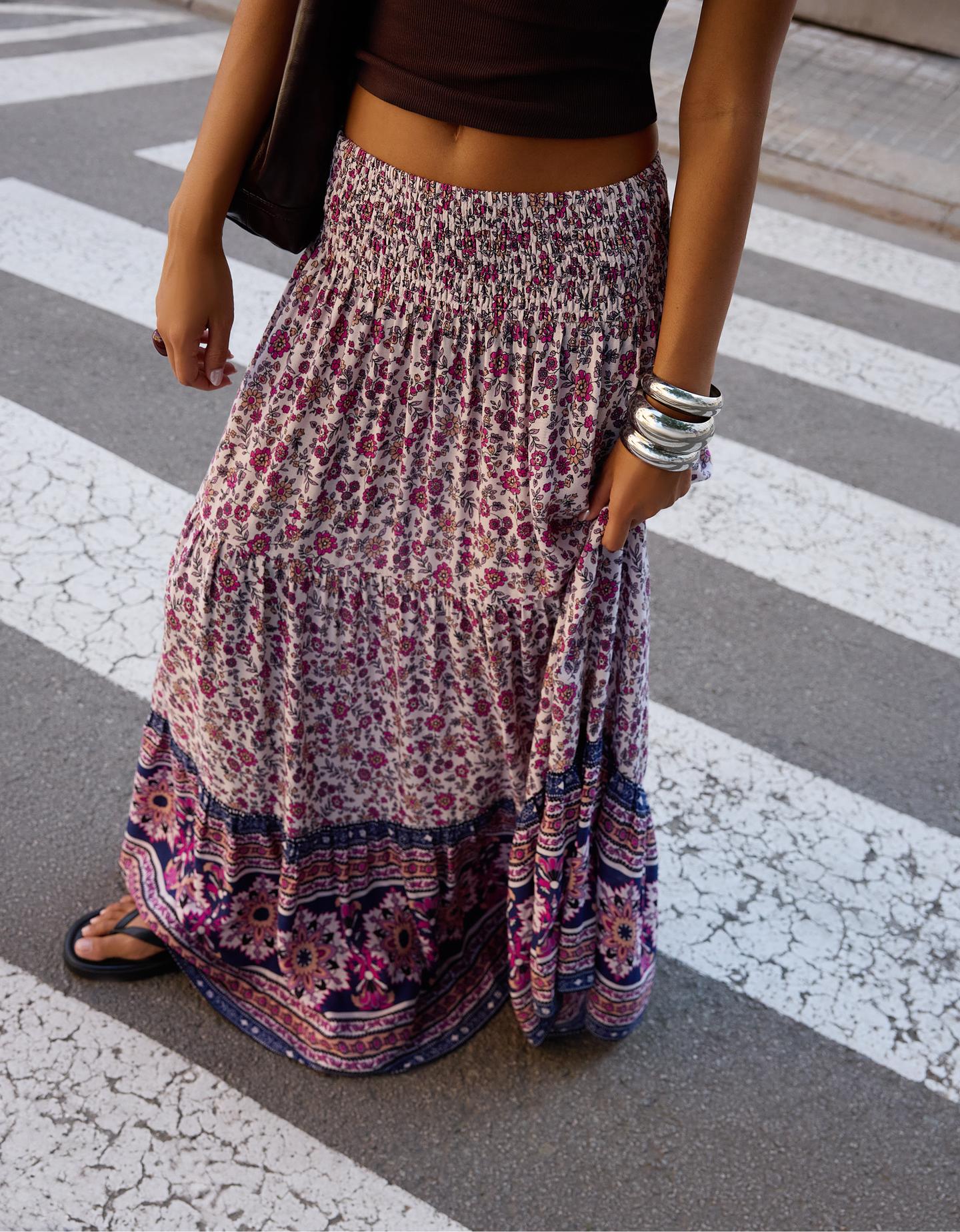 Bershka spódnica maxi w stylu boho z nadrukiem granatowy