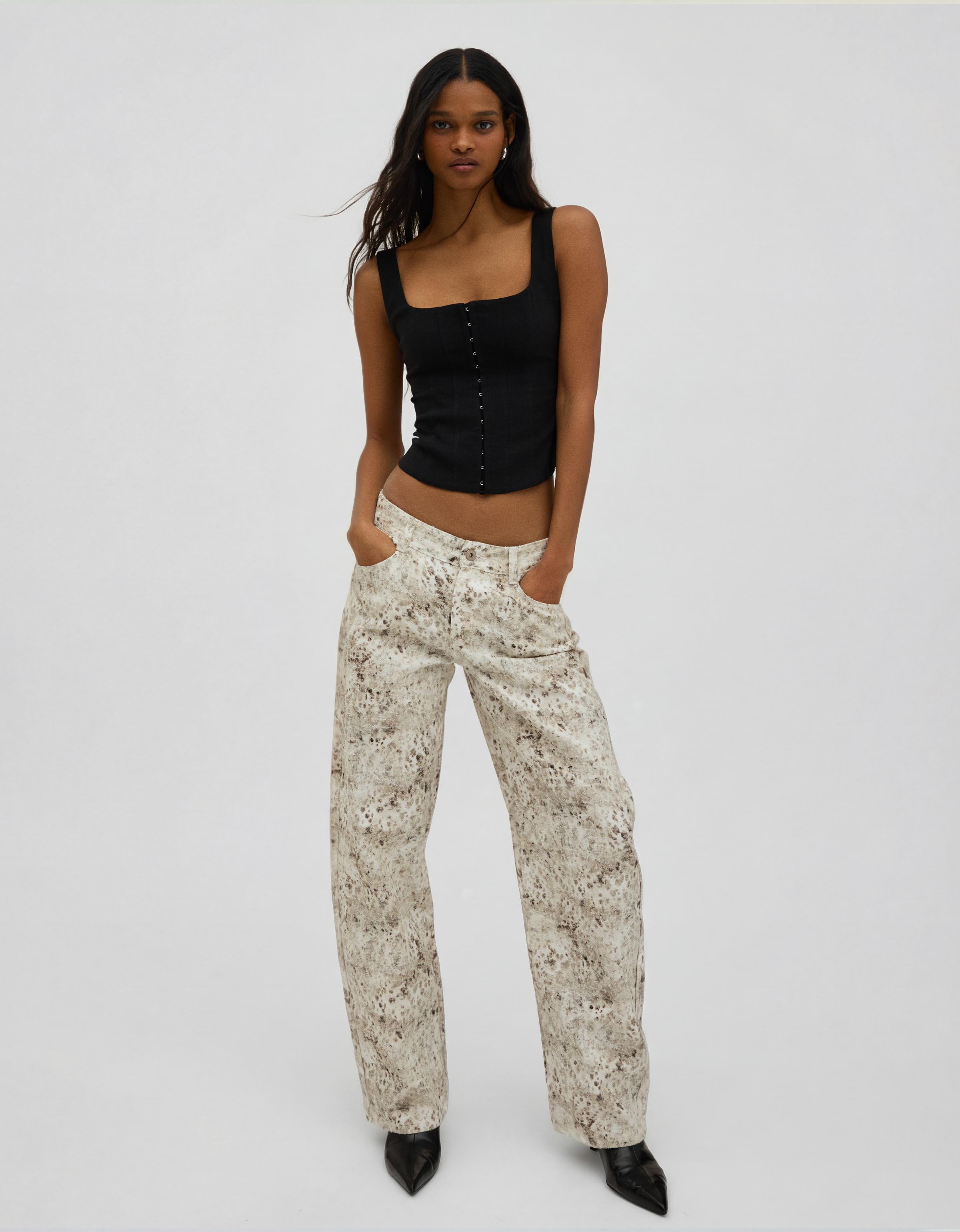 Düşük bel dokulu ve desenli baggy fit jean - Görsel 26