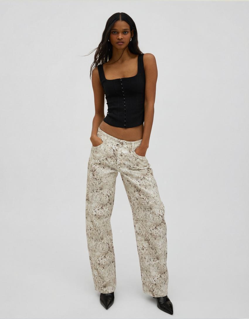 Jeans baggy barrel taille basse imprimé-Écru