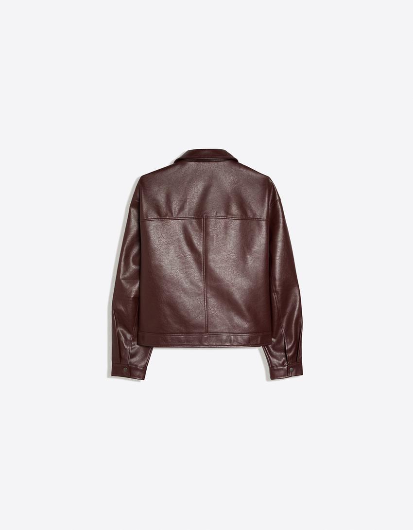 Boxy leather effect jacket-Burgundy