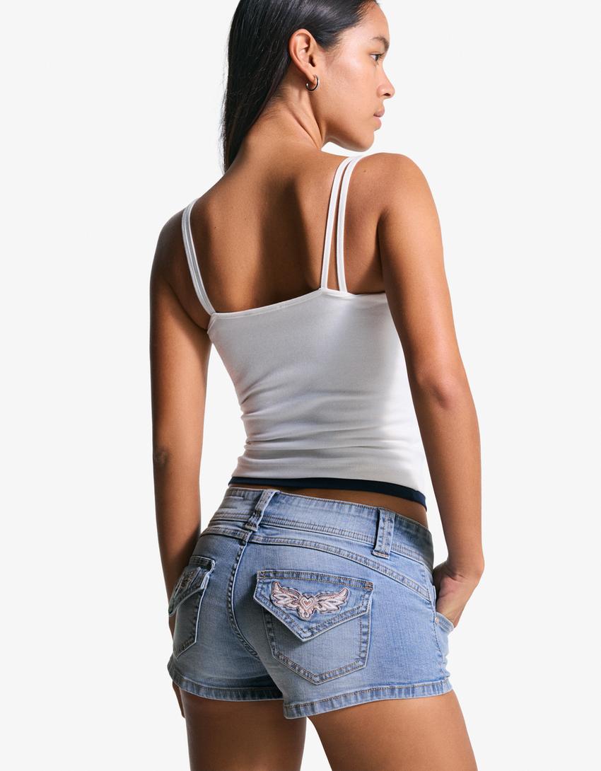 Short denim bordado-Azul lavado