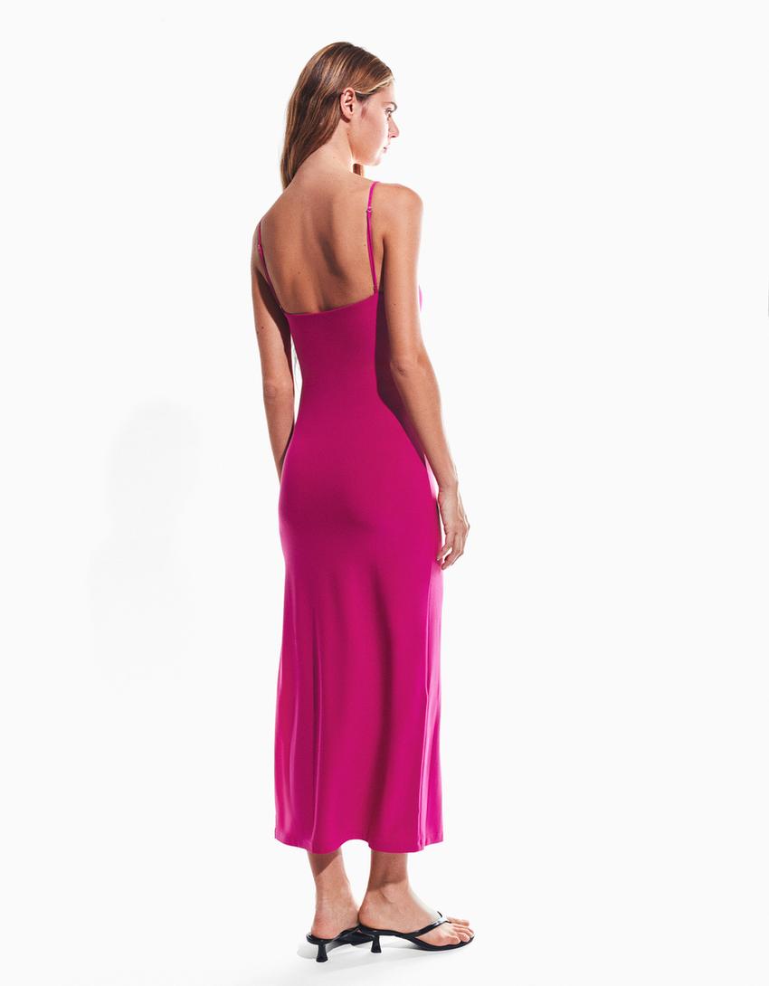 Midikleid mit gerafften Trägern-Fuchsia