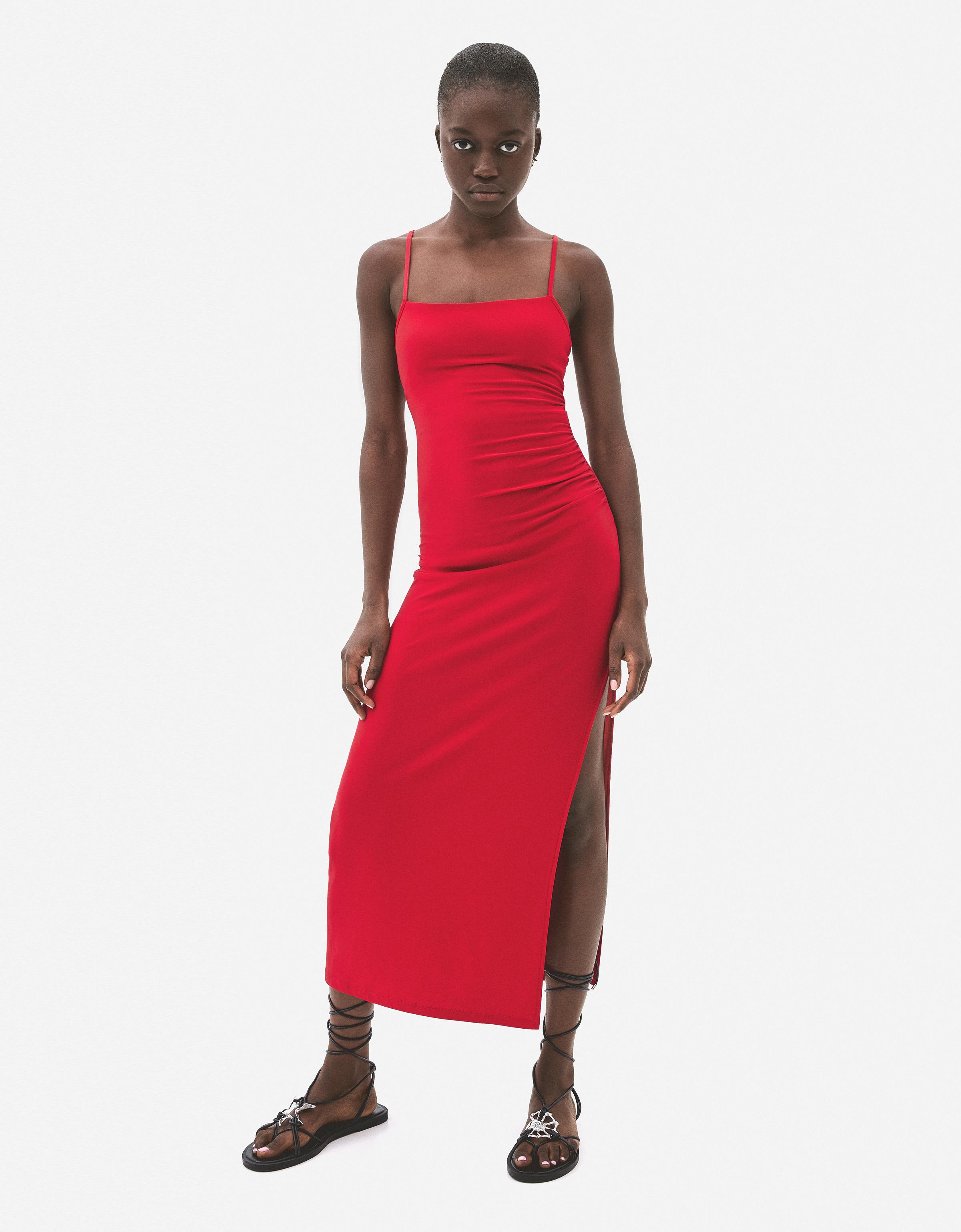 Bershka Midikleid Mit Trägern Damen M Rot