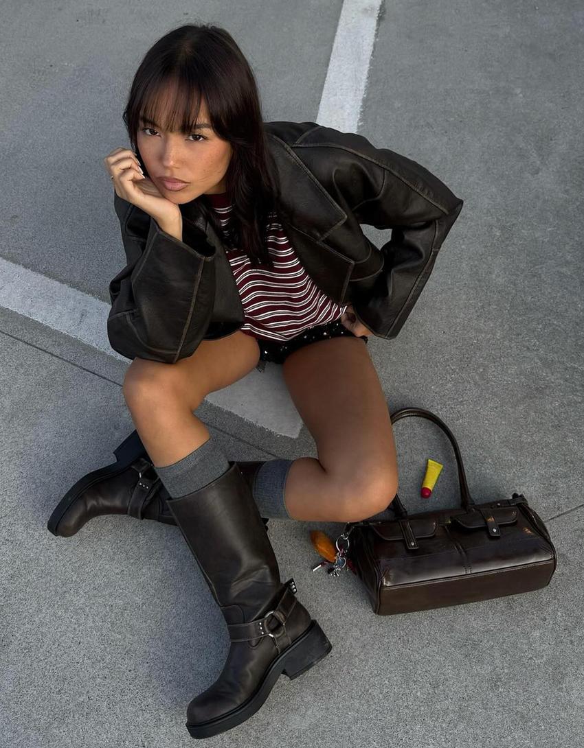 Cazadora efecto pel lapela-Marrón