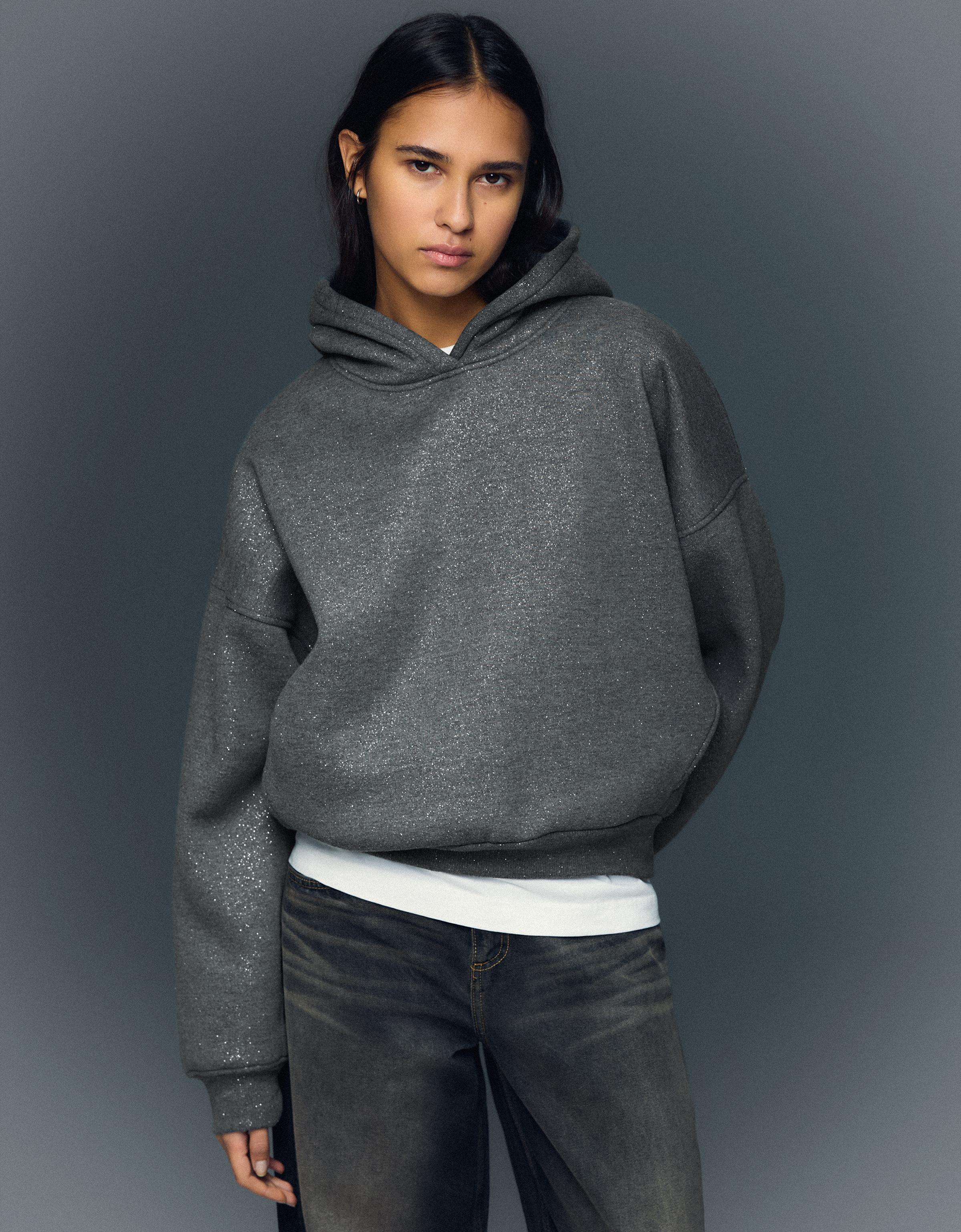 Bershka Glitzer-Hoodie Damen L Grau