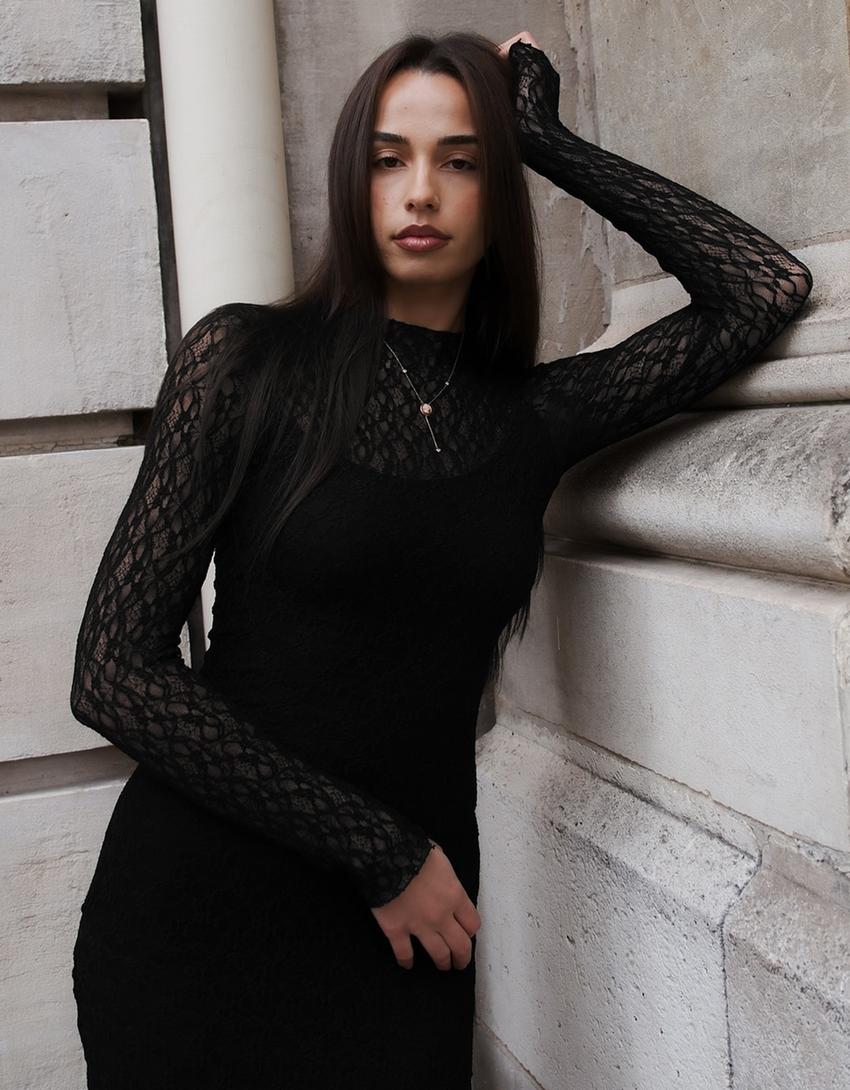 Midi-Kleid mit langen Ärmeln und Spitze-Schwarz