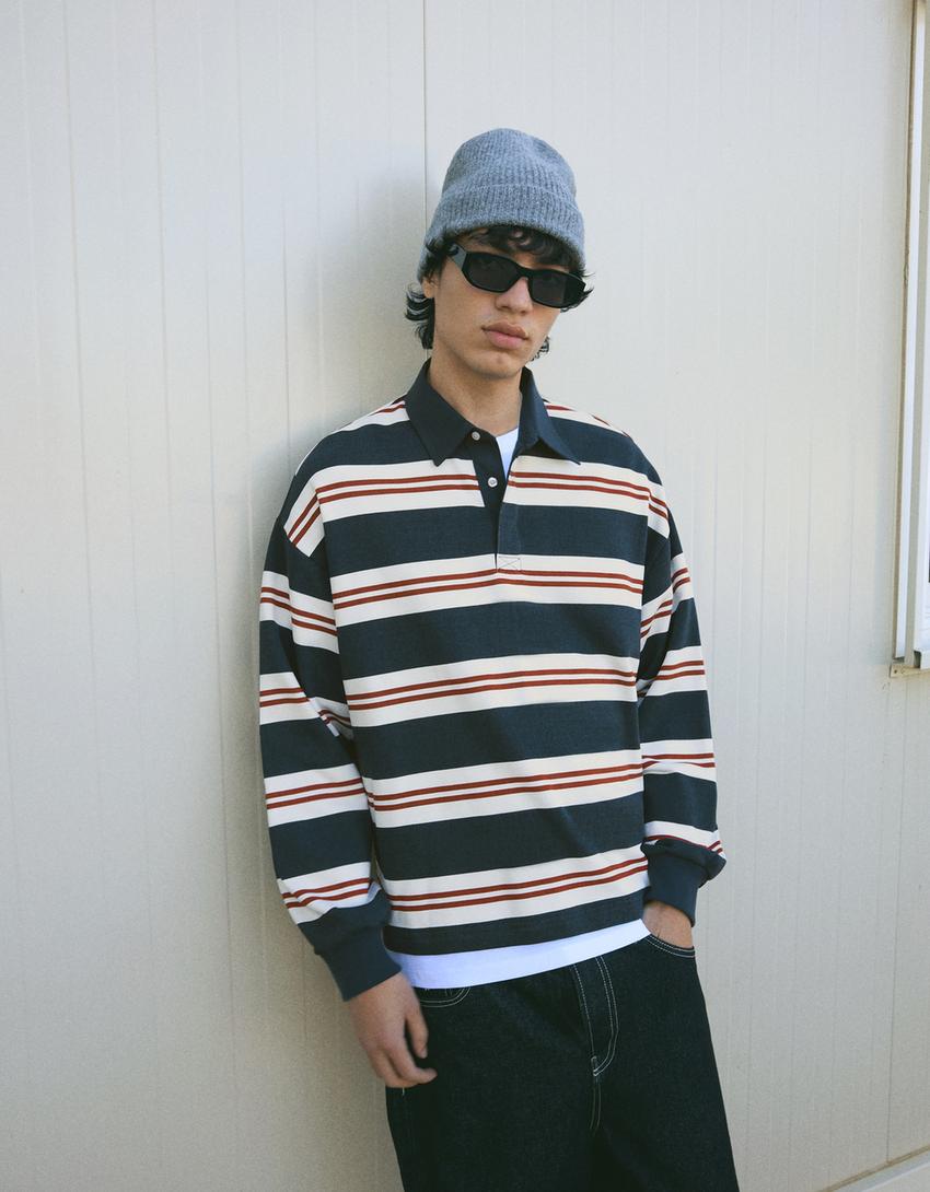 Striped plush polo shirt-Blue
