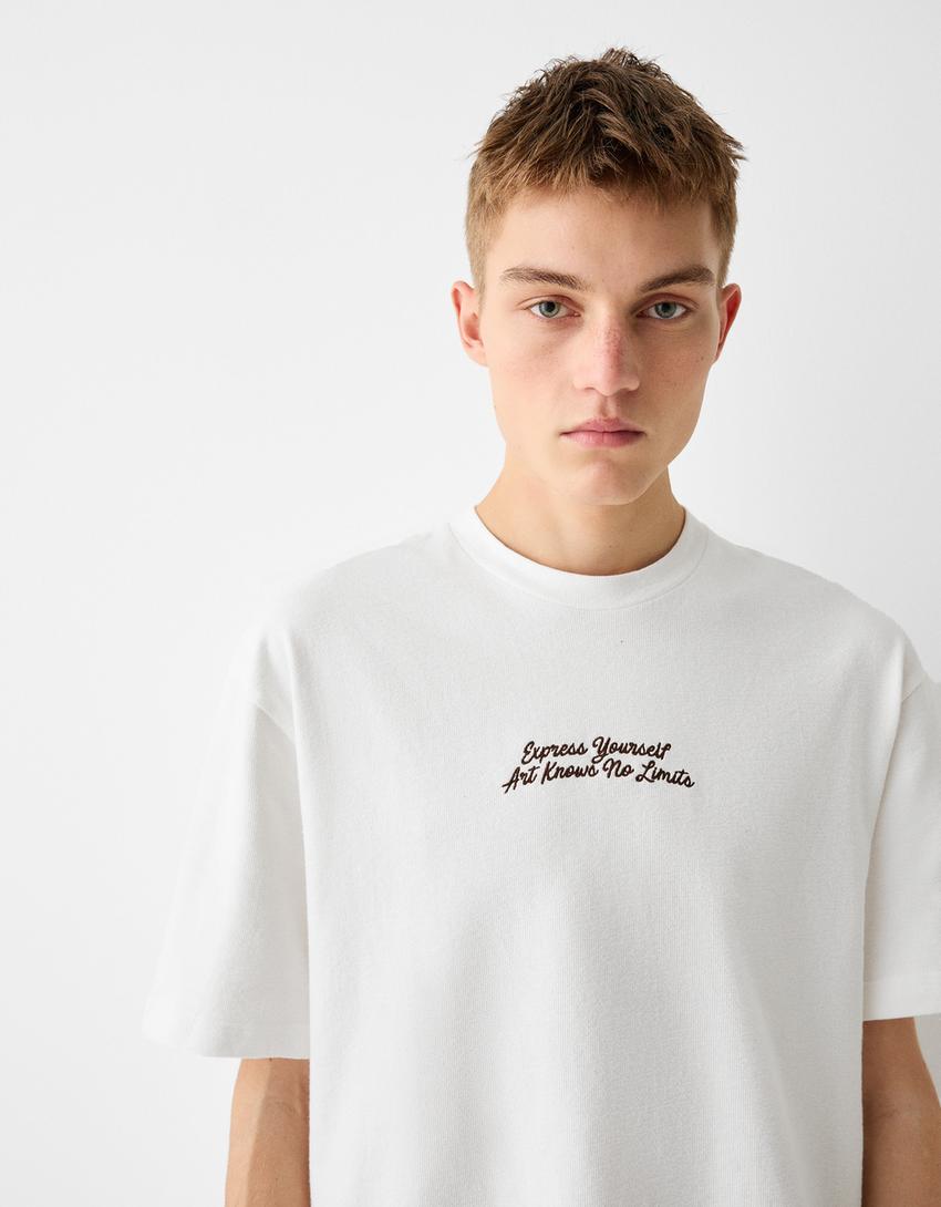 T-shirt manches courtes texturé broderie-Blanc-2