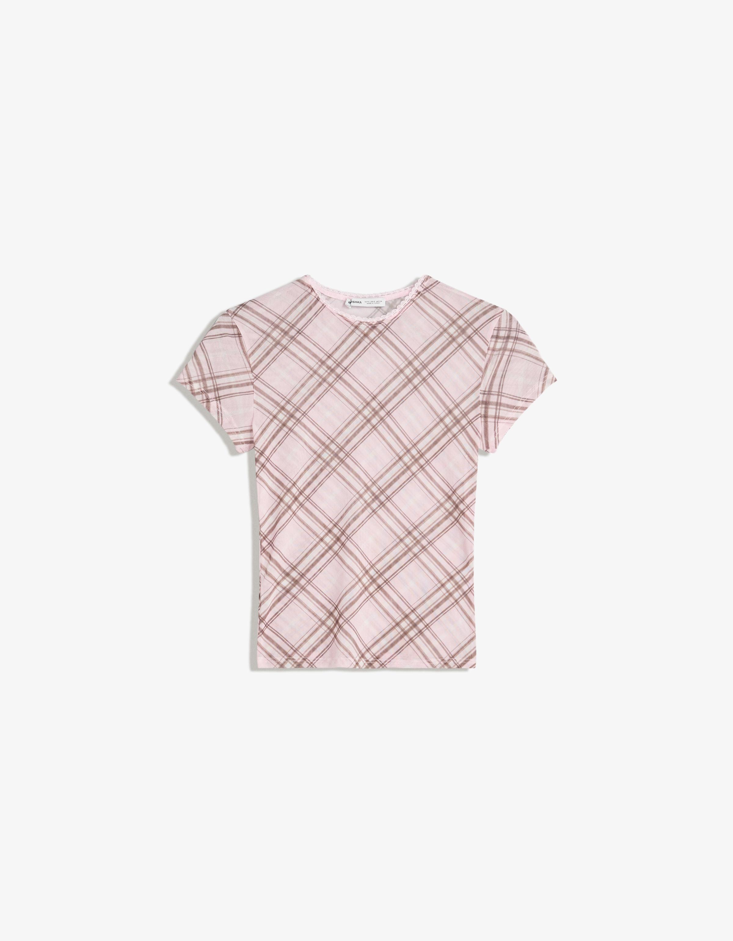 Bershka T-Shirt Mit Tüll-Print Damen S Rosa