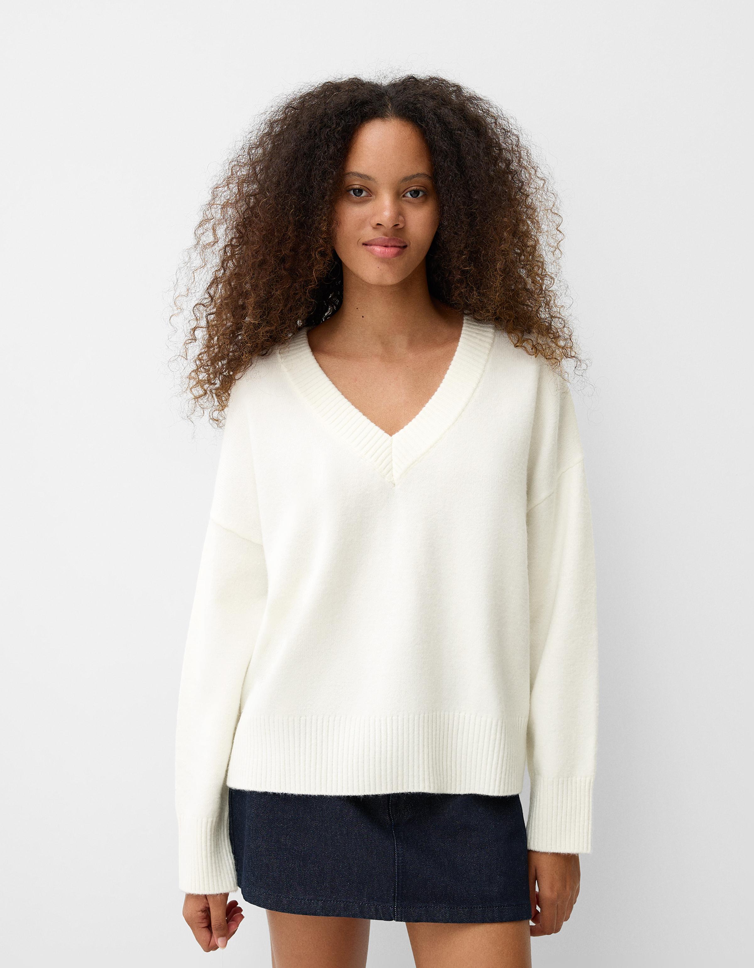 Bershka Oversize-Pullover Mit V-Ausschnitt Damen Xs Rohweiß