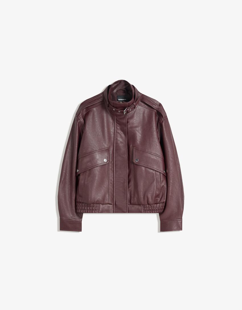 Faux leather jacket with pockets-Burgundy-4