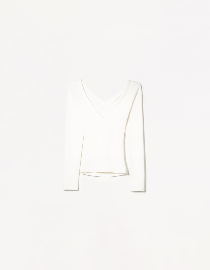 Long sleeve T-shirt with gathered V-neck-Cream-4
