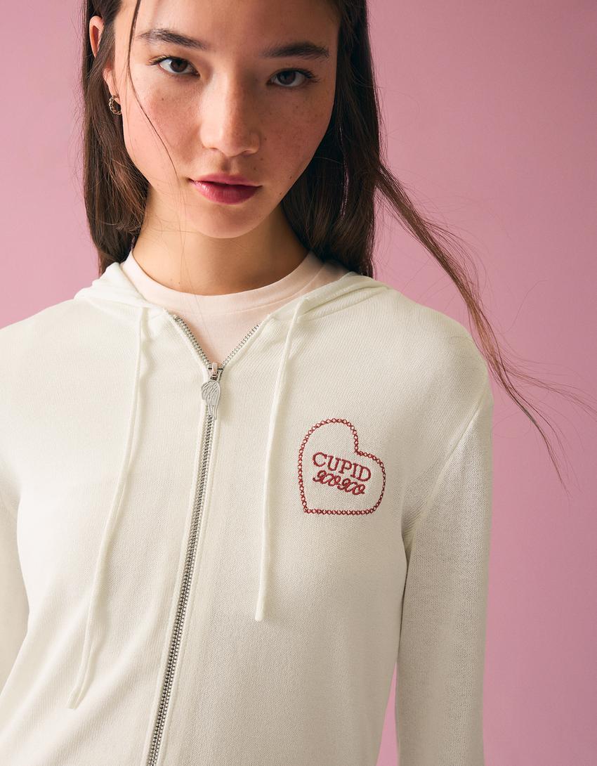 Fermuarlı kapüşonlu baskılı sweatshirt-Krem