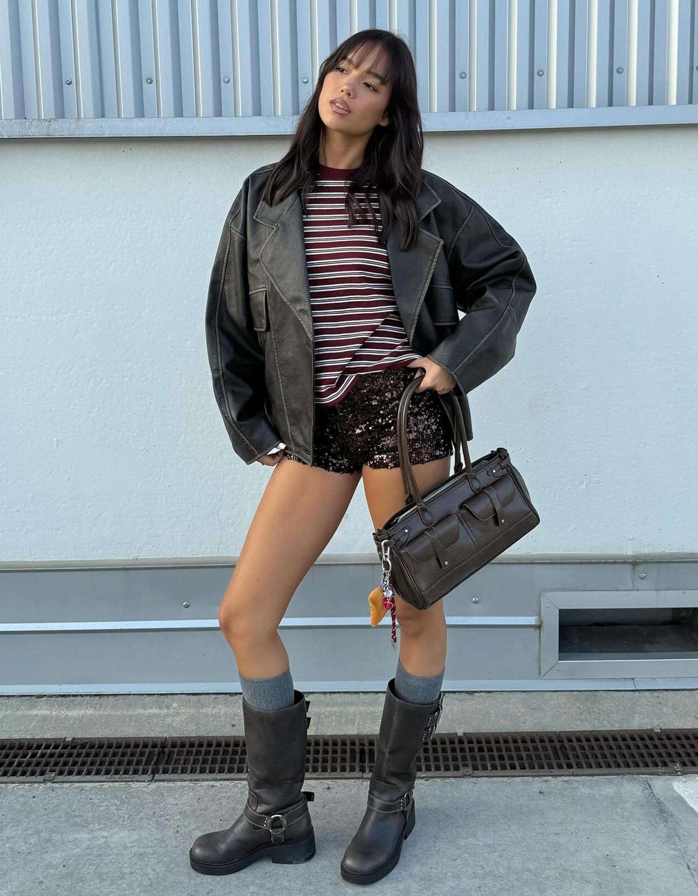 Bershka kurtka ze sztucznej skóry z klapami brązowy