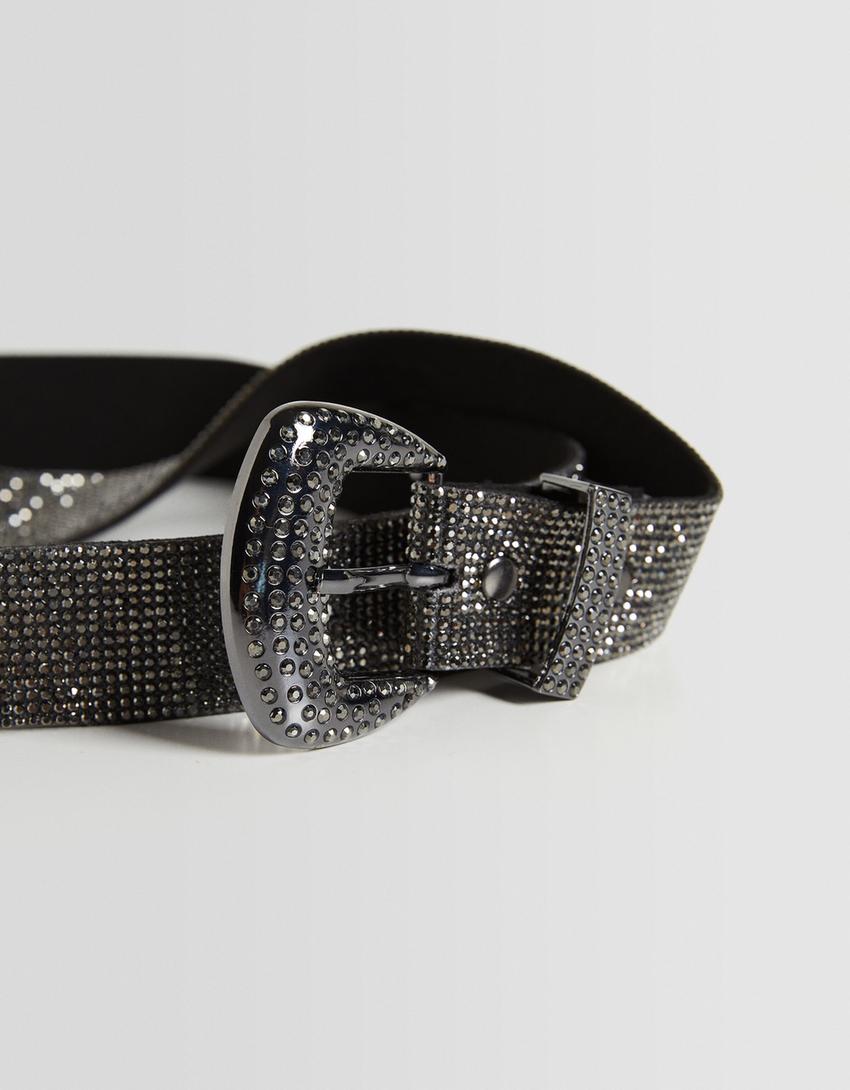 حزام بإبزيم بأحجار الراين-رمادي داكن-1