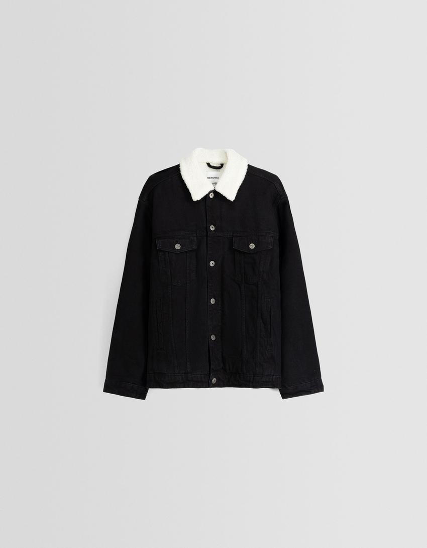 Faux shearling denim jacket-Black-4