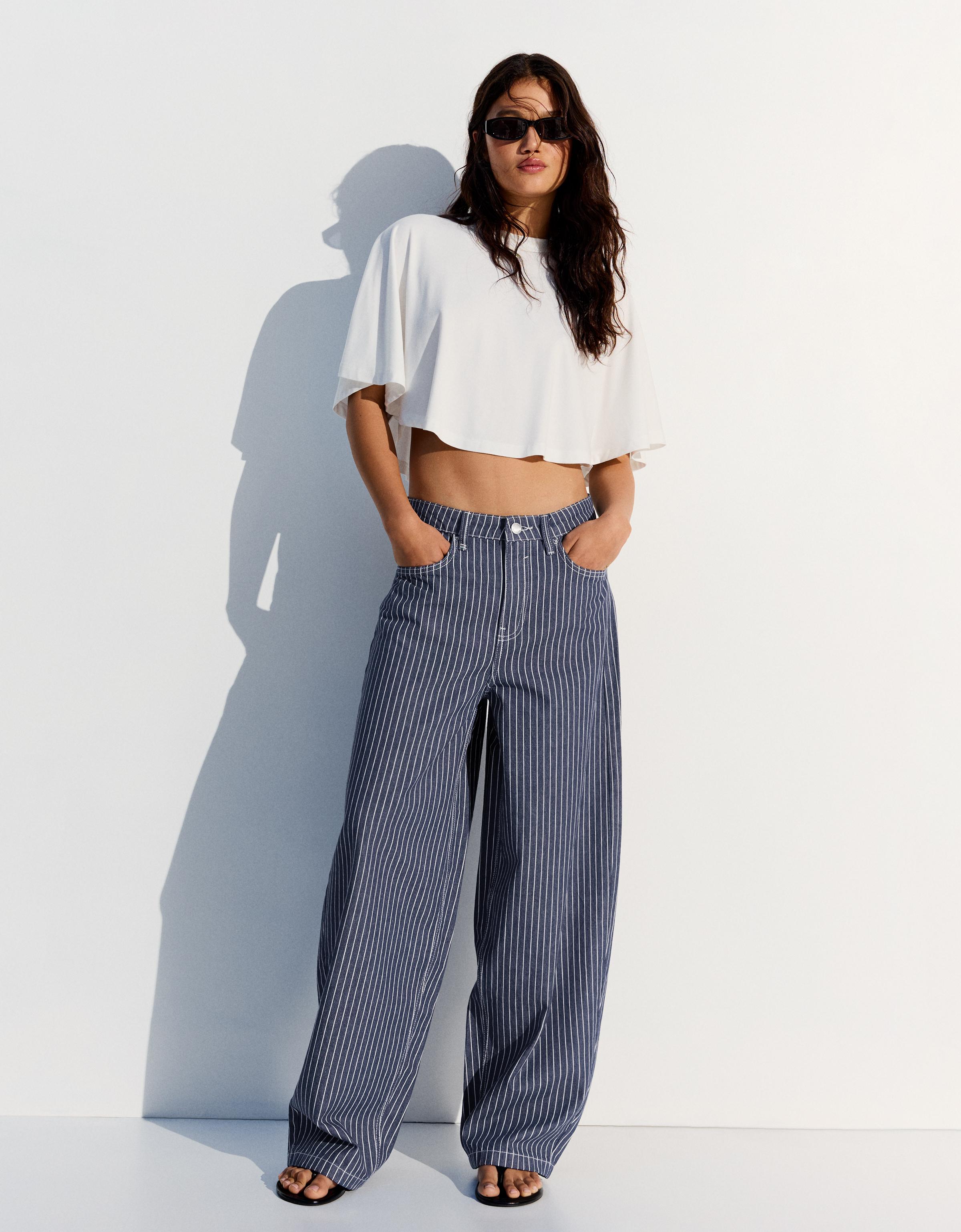 Bershka Pantalón Balloon Rayas Mujer Azul
