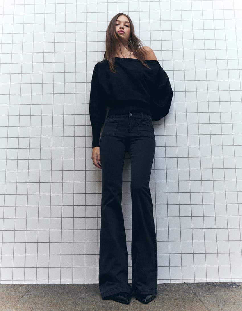 Pantalon flare poches à rabats-Noir-0