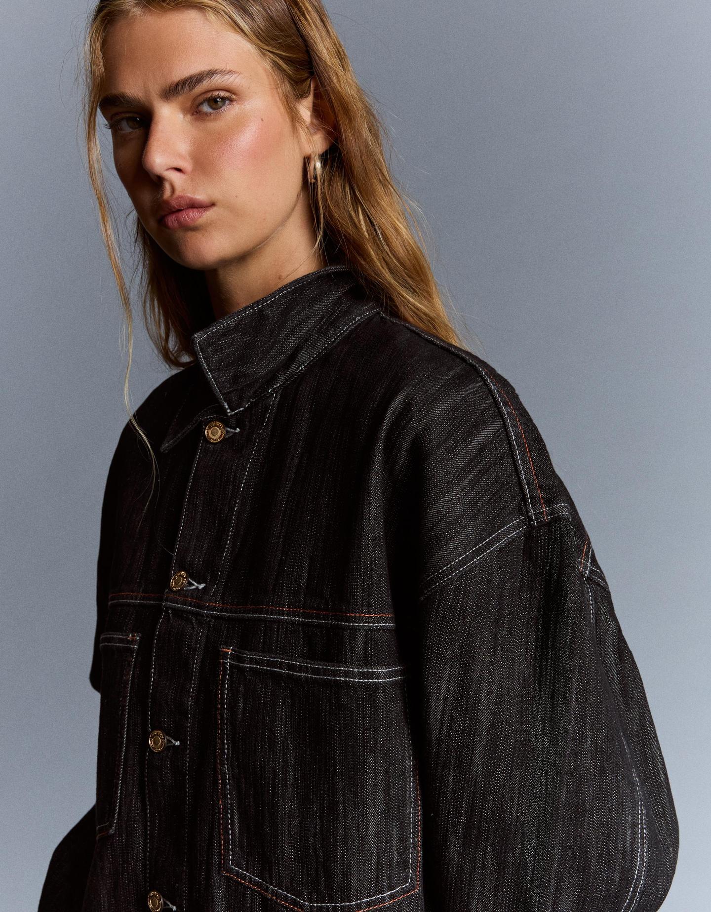 Bershka kurtka jeansowa trucker żakardowa czarny
