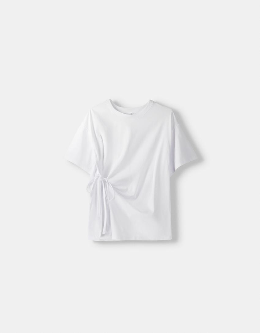 تيشرت فضفاض من نسيج مزدوج بأكمام قصيرة-أبيض-4