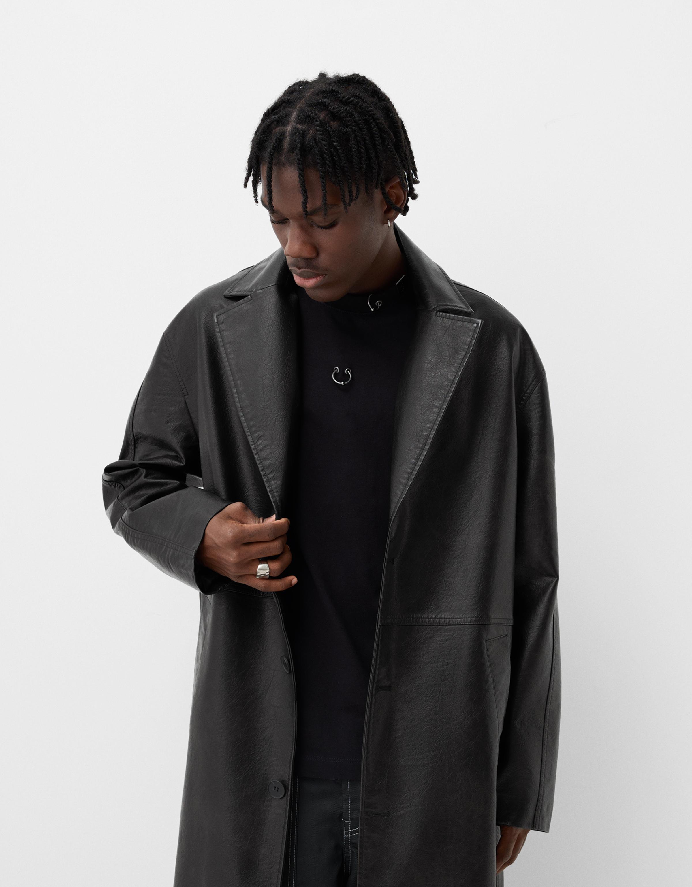 Bershka Oversize-Trenchcoat-Mantel Aus Kunstleder Herren M Schwarz