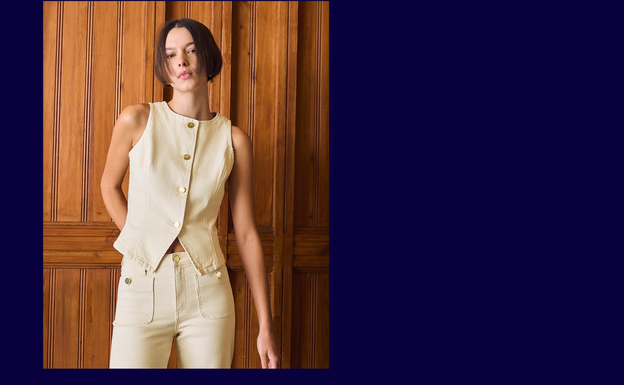 Taşlı düğme detaylı denim yelek - Görsel 17