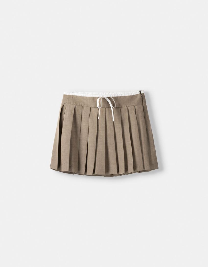 Contrast elastic poplin box pleat mini skirt-Sand