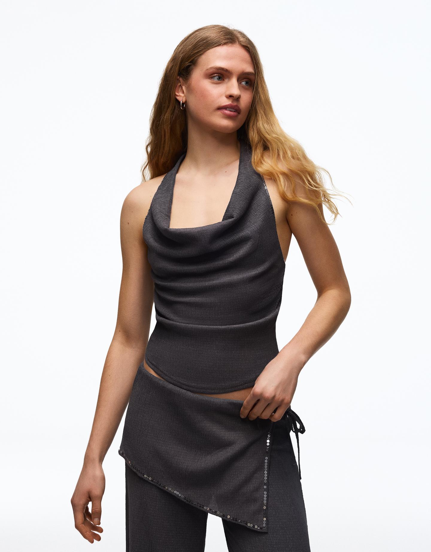 Bershka top halter z cekinami ciemnoszary