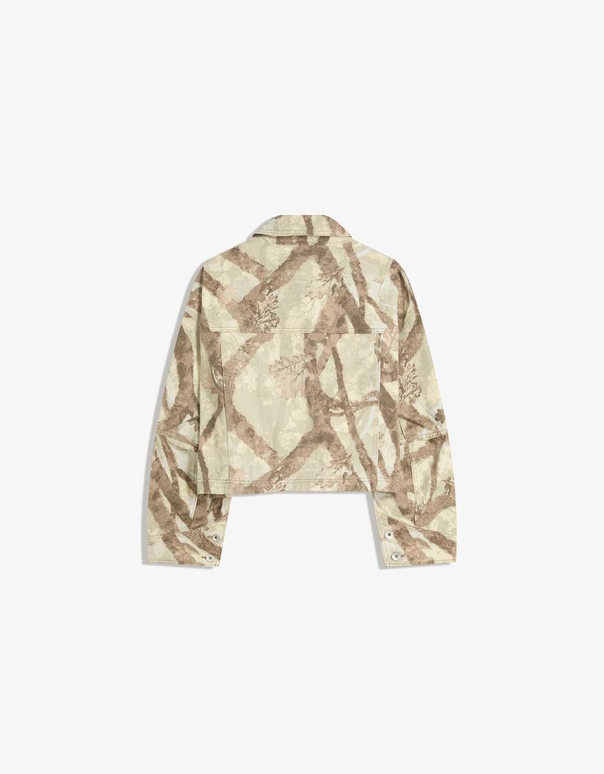 Cropped denim jack met print-Donkergrijs