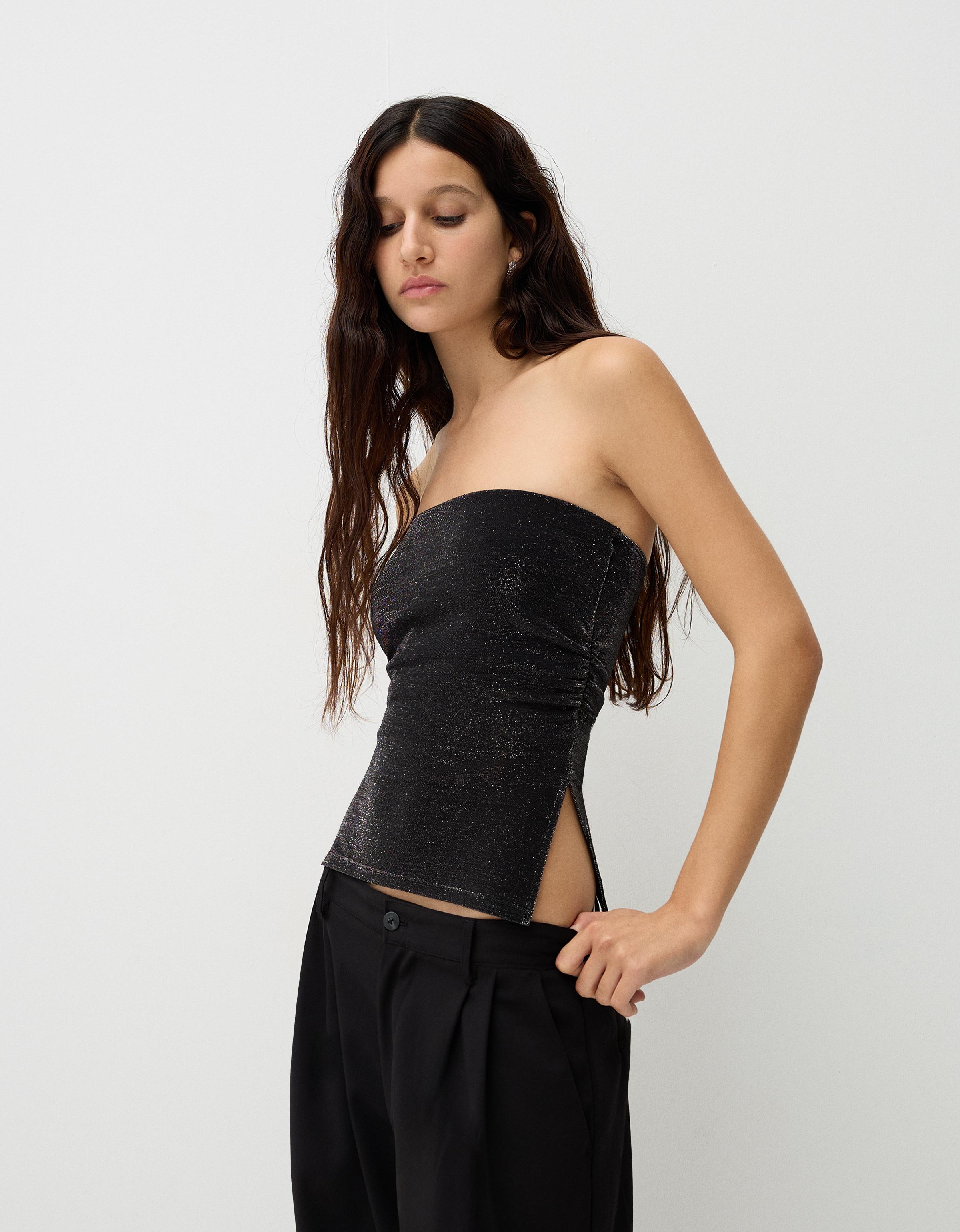 Bershka Bandeau-Top Mit Metallisiertem Garn Und Seitlichen Schlitzen Damen L Schwarz