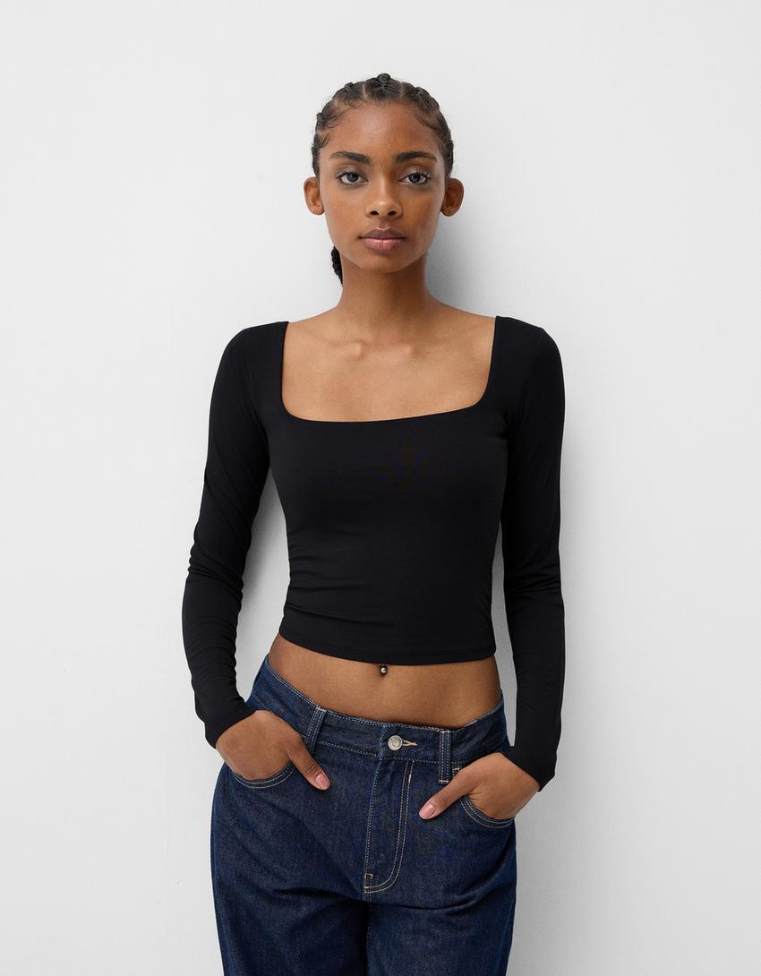 Blusa Top Manga Larga Escotado Camisa Crop Blusas Crop Top Manga