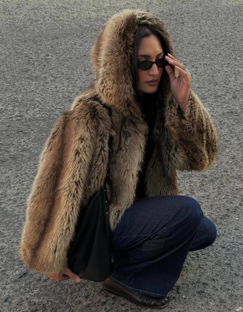 Hooded faux fur jacket-Brown