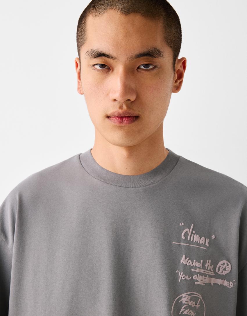 T-shirt boxy manches courtes imprimé-Gris-6