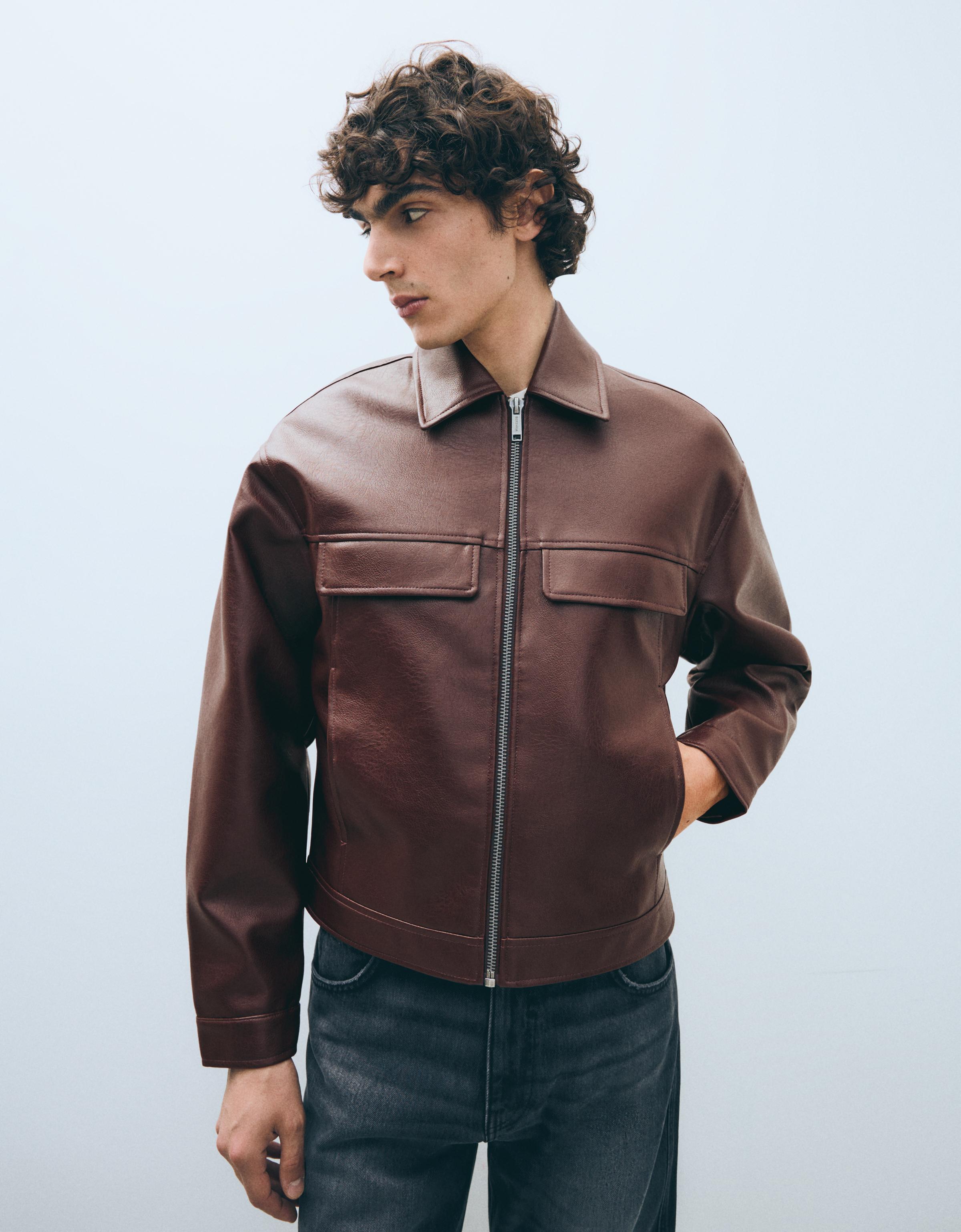 Bershka Cazadora Boxy Efecto Piel Hombre L Burdeos