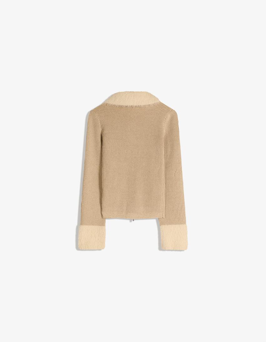 Cardigan zippé col fausse fourrure-Sable