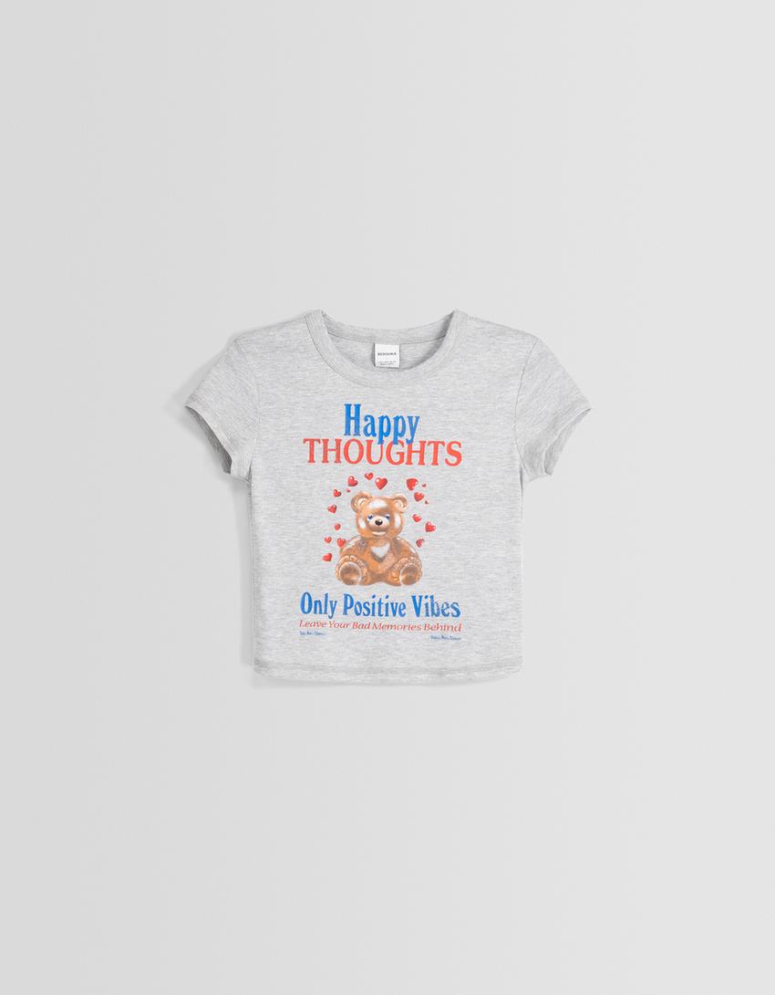 T-shirt manches courtes bord-côte imprimé-Gris-4