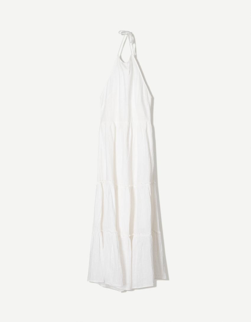 Vestido midi cuello halter volantes-Blanco